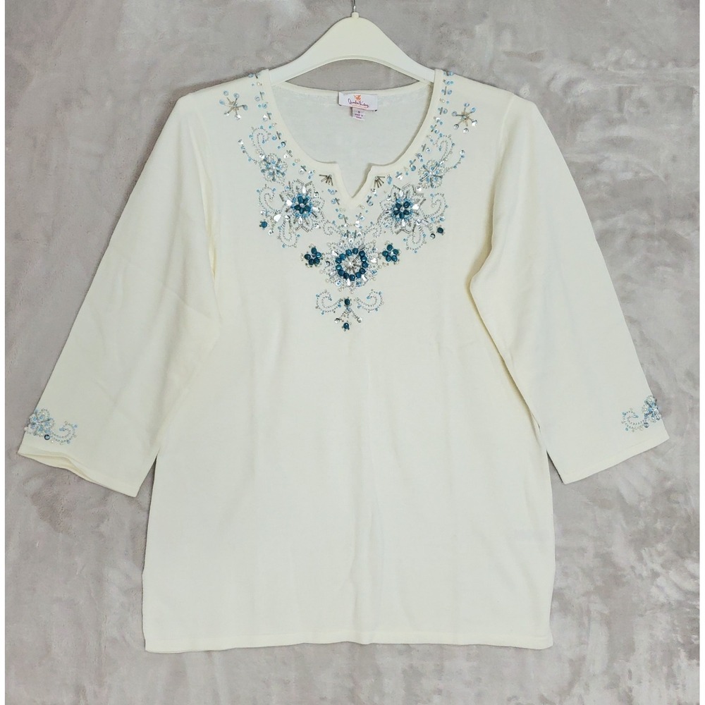 Quacker Factory Blouse Womens S White Embelllished Beaded 3/4 Sleeve Knit NEW